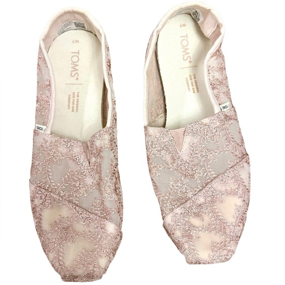 Toms Womens Alpargatas Rose Gold Metallic Hibiscus Floral Lace Size 7 Wedding - Picture 2 of 9